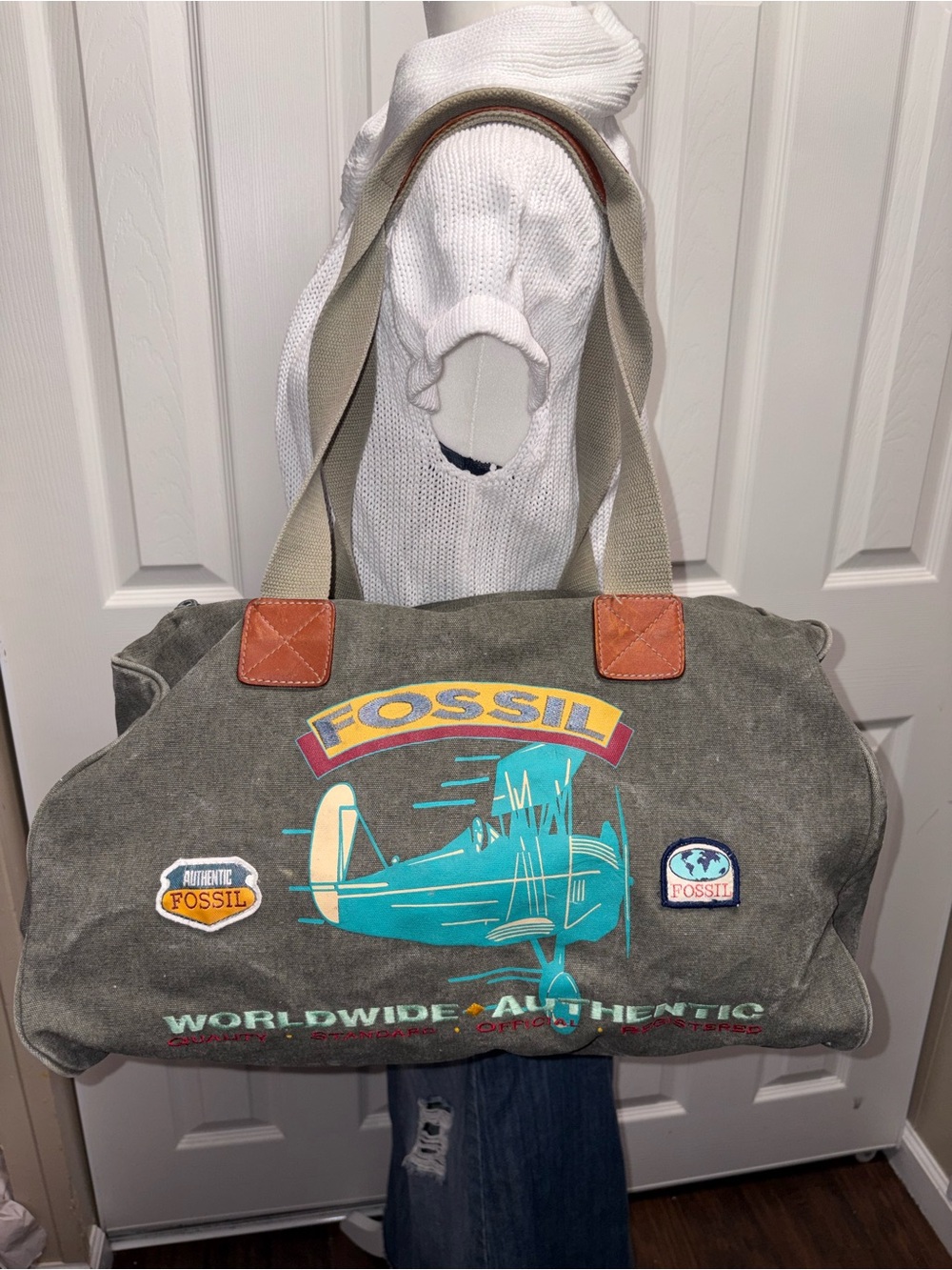 Vintage Fossil Gray Canvas Duffel with Teal Airplane Graphic